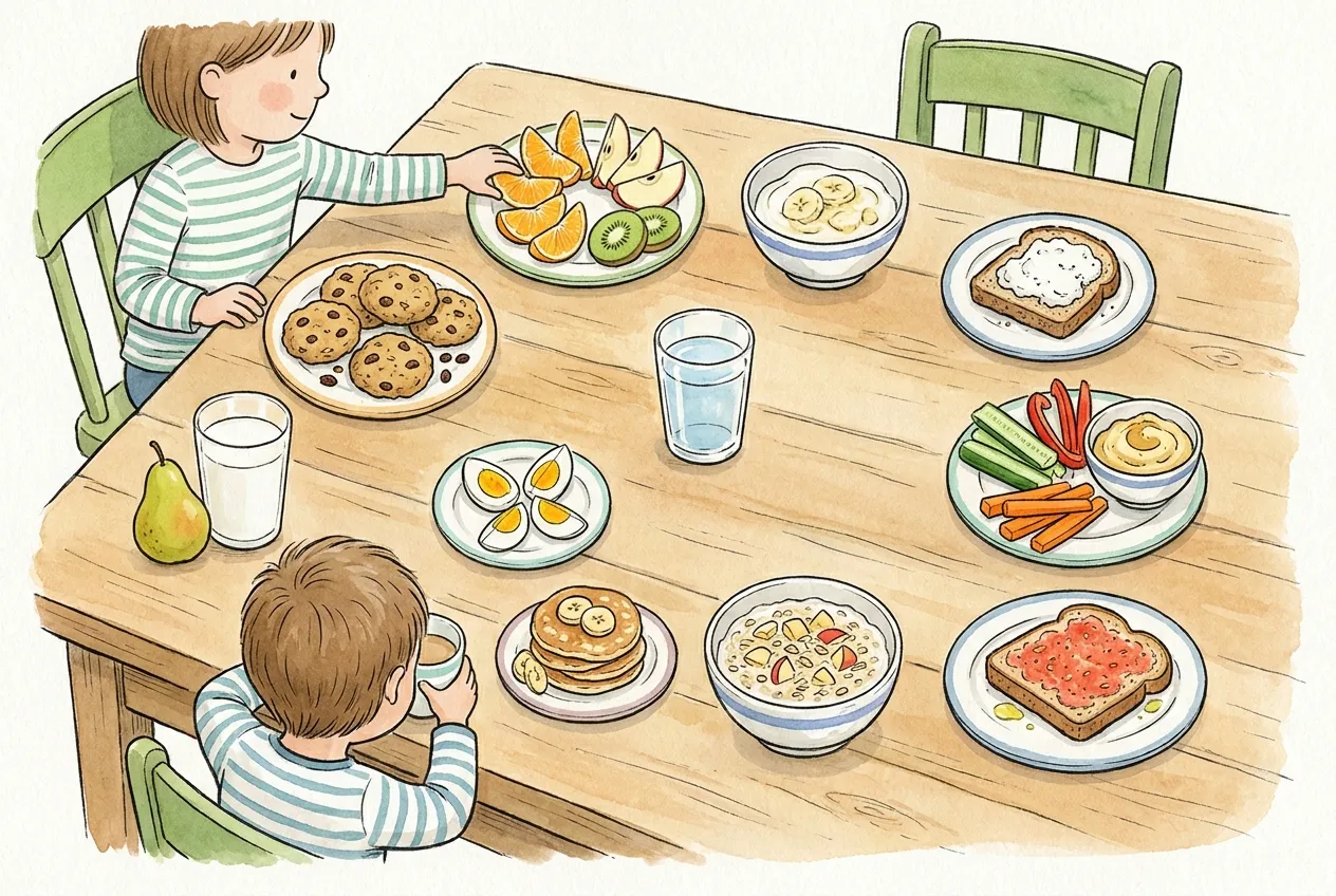Ilustração em aguarela: uma mesa de lanche com fruta cortada, iogurte com rodelas de banana, tosta com queijo fresco, tosta com tomate ralado, palitos de pepino, pimento e cenoura com húmus, aveia com fruta picada, panquecas de banana, ovo cozido aos quartos, bolachas caseiras com passas, um copo de leite ao lado de uma pera e um copo de água ao centro. Duas crianças servem-se à mesa.