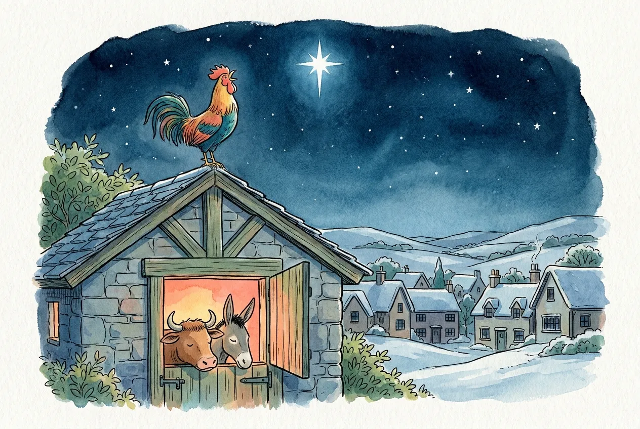 Ilustração em aguarela: um galo canta no telhado de um estábulo de pedra à meia-noite, sob um céu estrelado com uma estrela brilhante, com um boi e um burro à porta iluminada e a aldeia adormecida na neve.