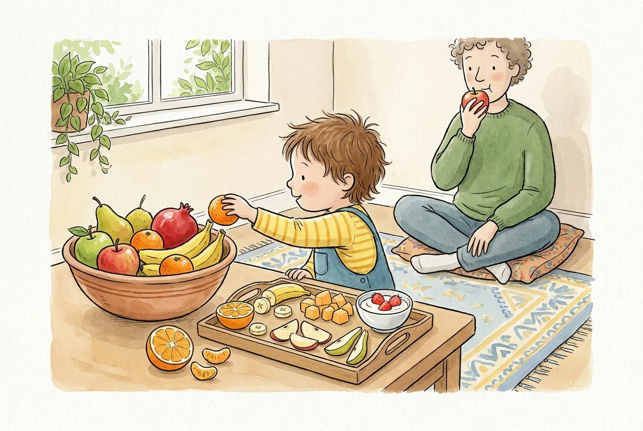Ilustração em aguarela: uma criança pequena tira uma tangerina de uma taça de fruta pousada numa mesa baixa, ao lado de um tabuleiro com metades de laranja, rodelas de banana, cubos de fruta, fatias de maçã e de pera e um iogurte com morangos. Atrás, um adulto sentado numa almofada come uma maçã.