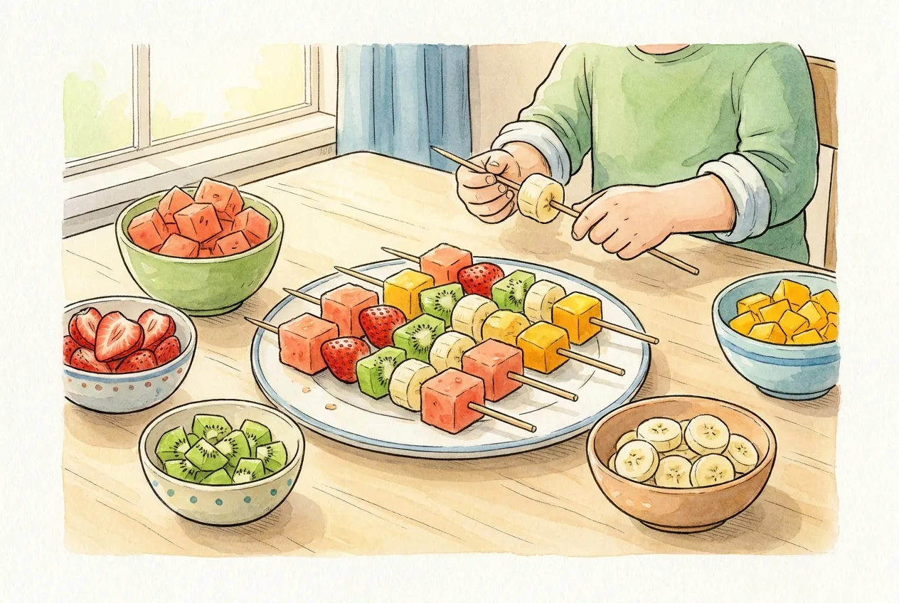 Ilustração em aguarela: uma criança enfia uma rodela de banana num palito ao lado de um prato de espetadas de melancia, morango, kiwi, banana e manga, rodeado de taças com a fruta já cortada.